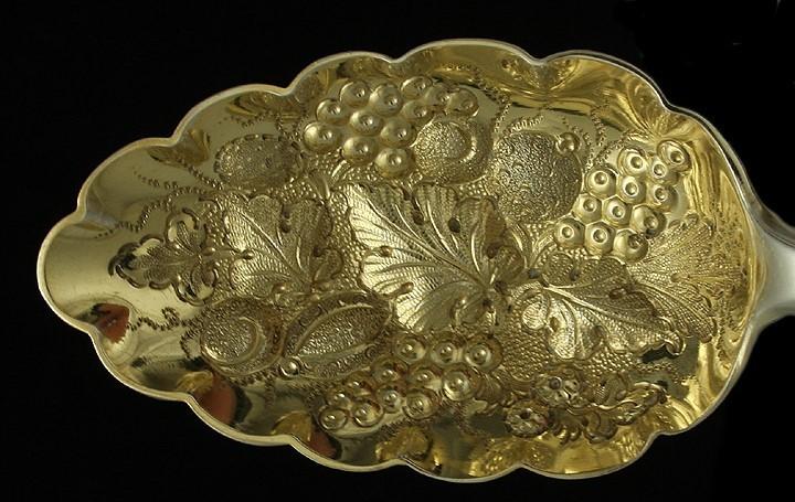 Antique 1802 English Gold Wash Sterling Silver Hand Chased Fruit Serving Spoons