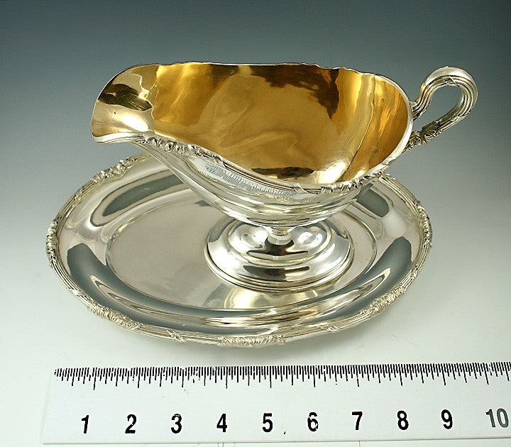 Antique German Silver Threaded Edge Gravy Sauce Boat w/ Under Plate