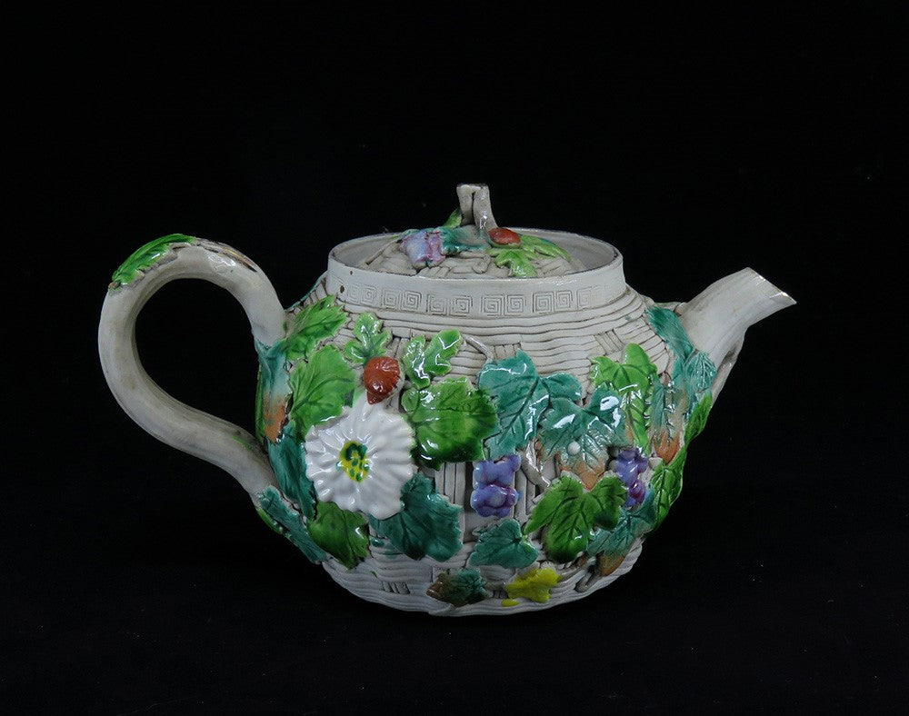 Antique 1800s Japanese Banko Colorful Pottery Fruit Flowers Basket Form Teapot