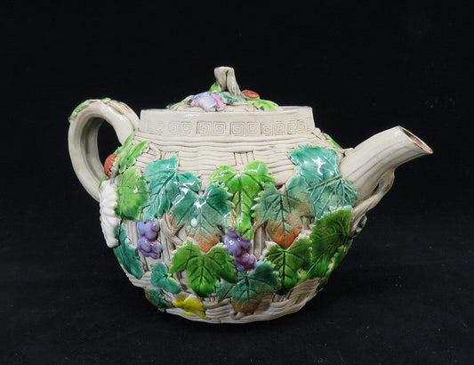 Antique 1800s Japanese Banko Colorful Pottery Fruit Flowers Basket Form Teapot