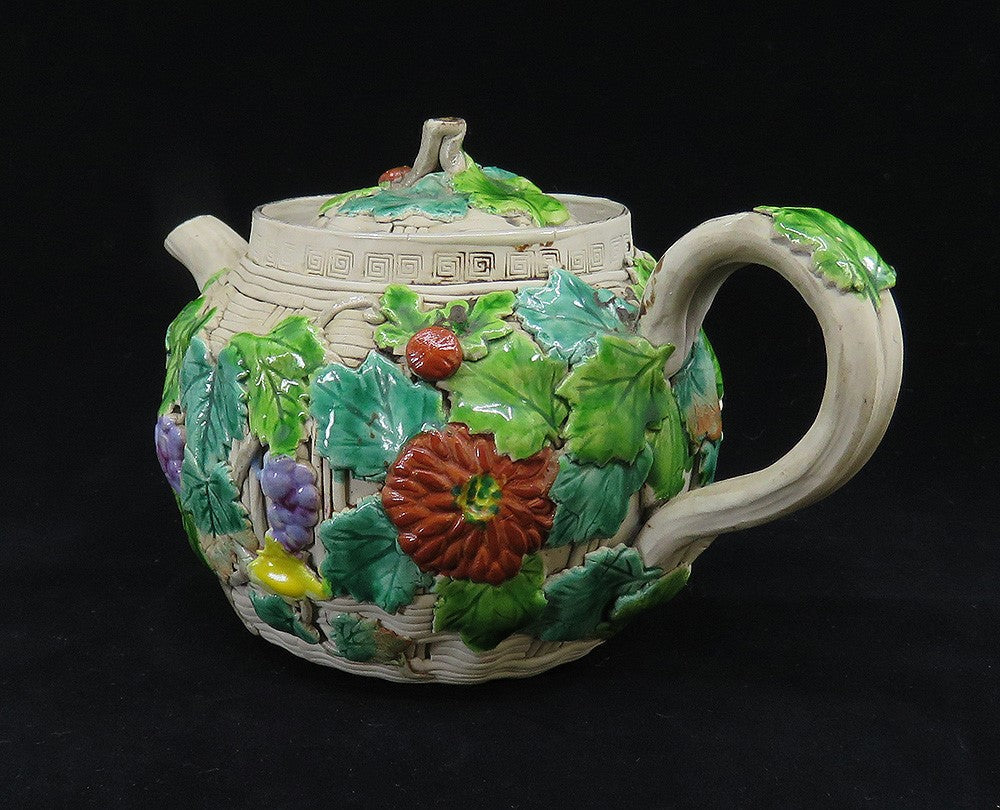 Antique 1800s Japanese Banko Colorful Pottery Fruit Flowers Basket Form Teapot