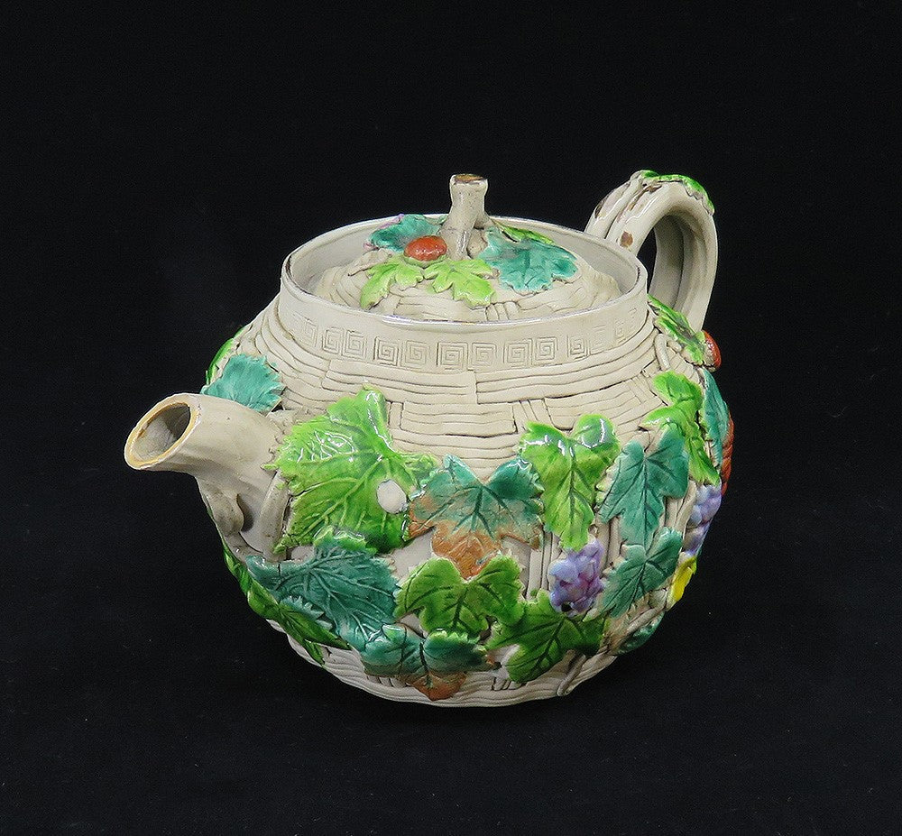 Antique 1800s Japanese Banko Colorful Pottery Fruit Flowers Basket Form Teapot