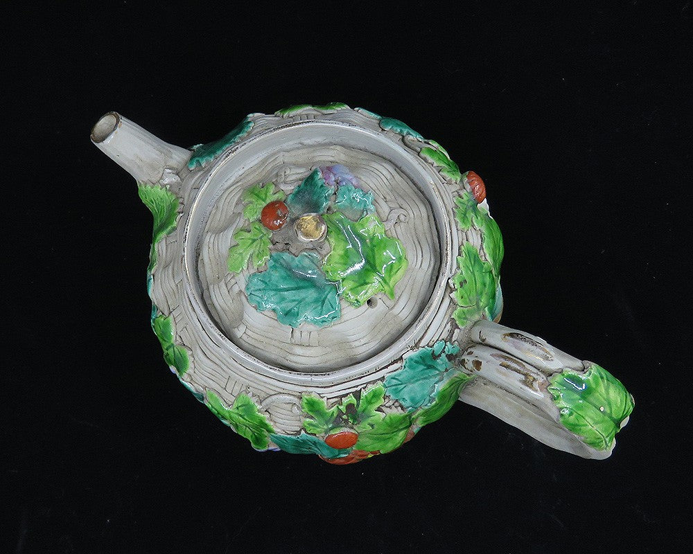 Antique 1800s Japanese Banko Colorful Pottery Fruit Flowers Basket Form Teapot