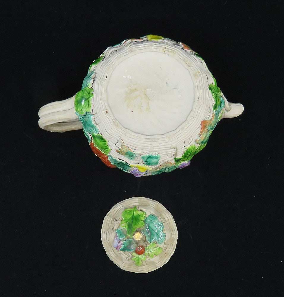 Antique 1800s Japanese Banko Colorful Pottery Fruit Flowers Basket Form Teapot