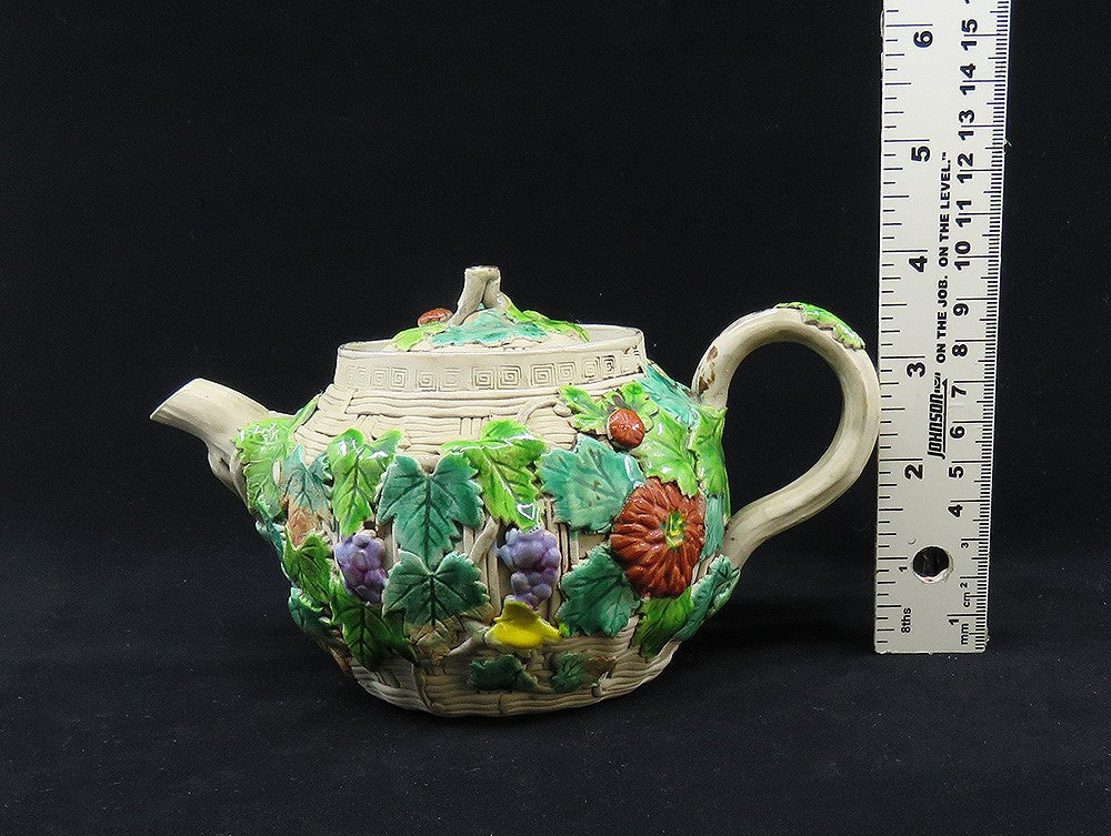 Antique 1800s Japanese Banko Colorful Pottery Fruit Flowers Basket Form Teapot