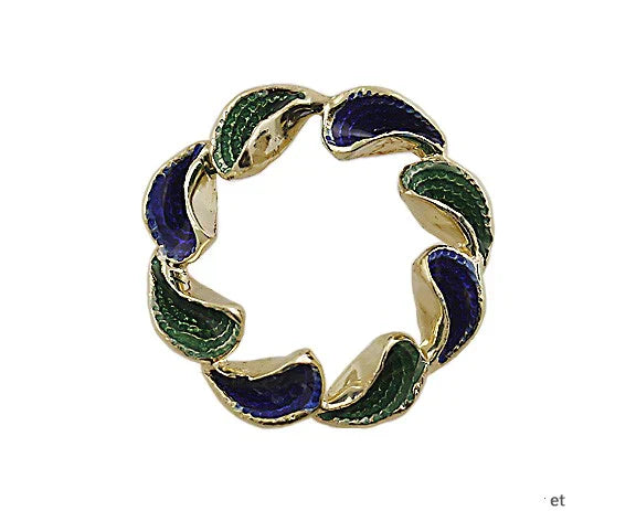 Blue & Green Guilloche Enameled 14k Yellow Gold Circle Pin Brooch