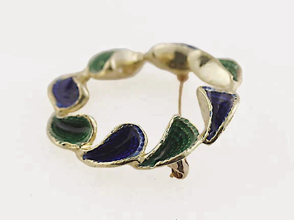 Blue & Green Guilloche Enameled 14k Yellow Gold Circle Pin Brooch