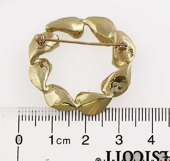 Blue & Green Guilloche Enameled 14k Yellow Gold Circle Pin Brooch