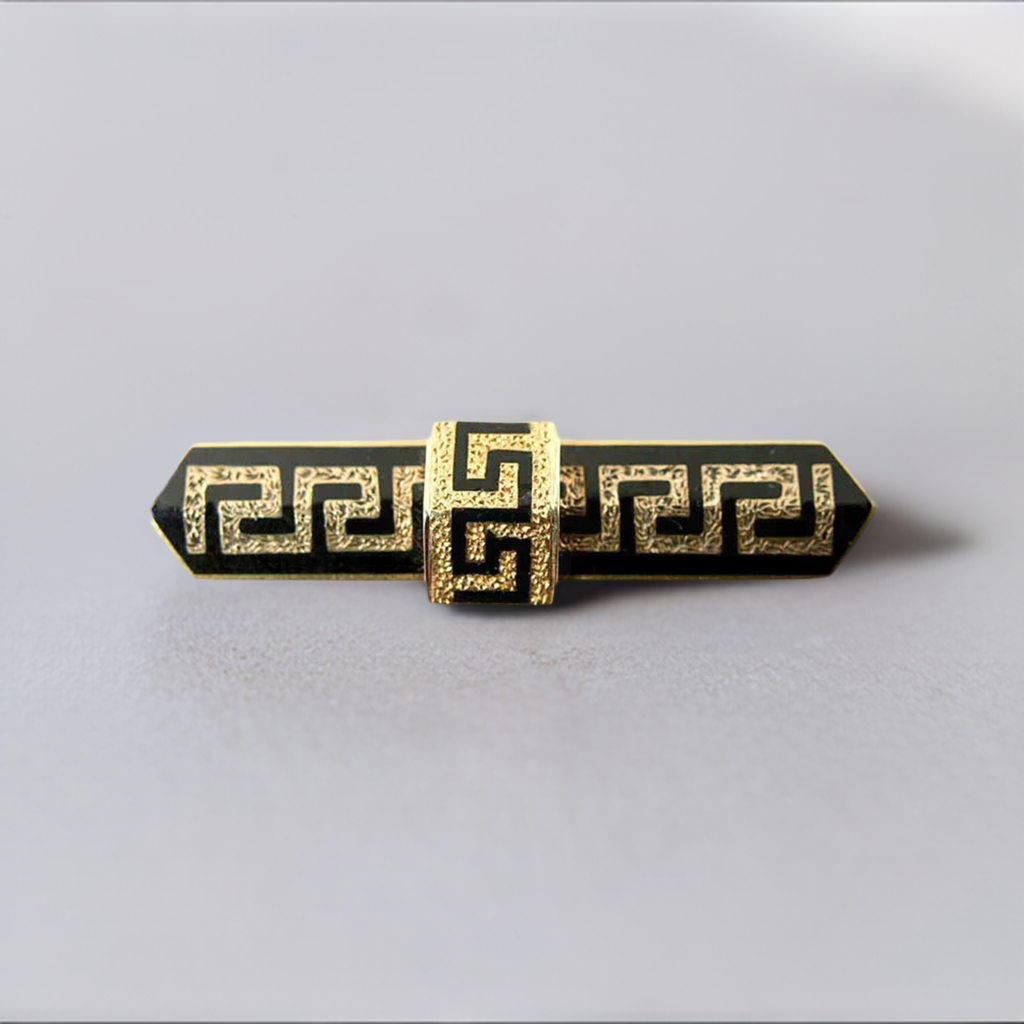 Victorian Mid 19th Century 14K Gold & Enameled Greek Key Bar Pin Brooch