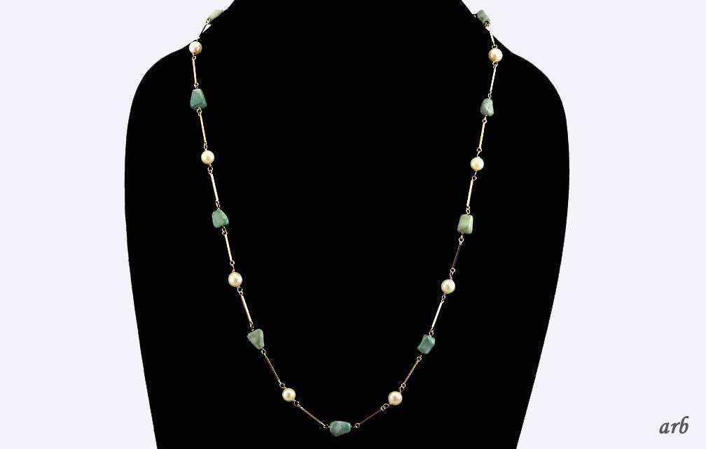 Wonderful Modern 18k Yellow Gold Pearl and Green Turquoise Necklace Italy