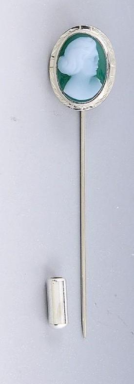 14k White Gold & Carved Green Sardonyx Cameo Stickpin