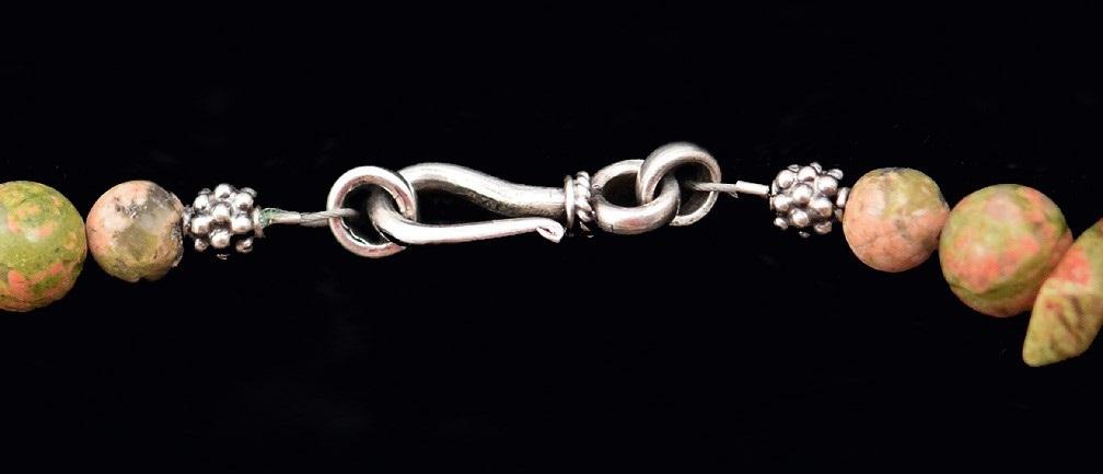 Delightful Long Necklace of Sterling Silver Cross w/ Green and Terracotta Agates