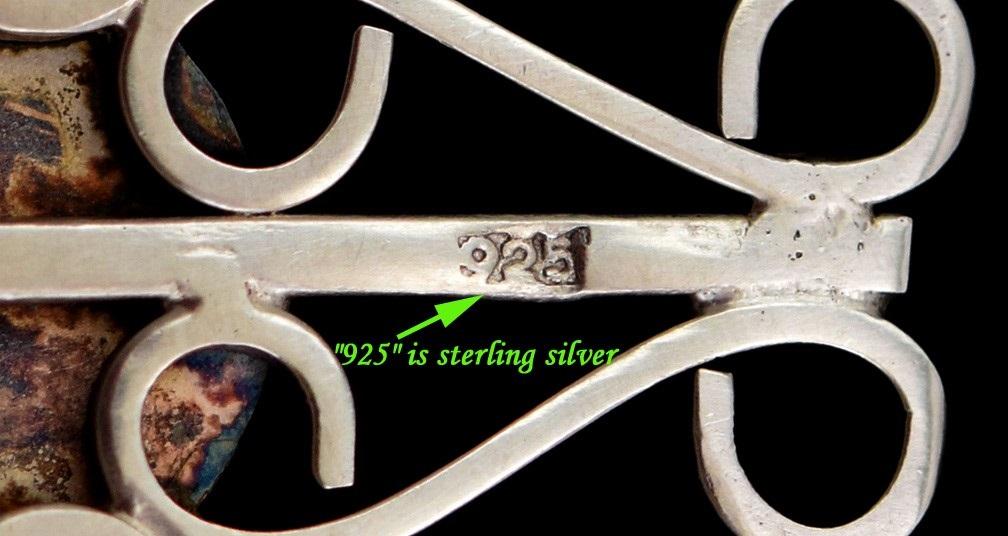Delightful Long Necklace of Sterling Silver Cross w/ Green and Terracotta Agates