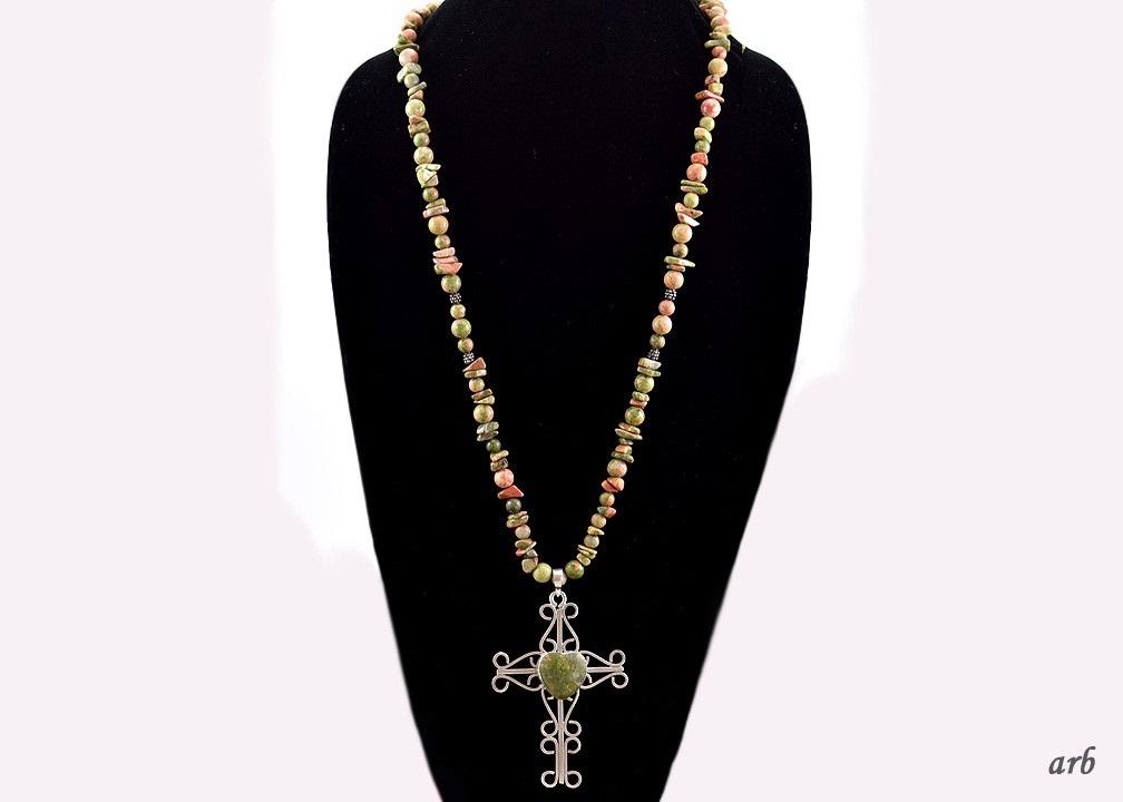 Delightful Long Necklace of Sterling Silver Cross w/ Green and Terracotta Agates
