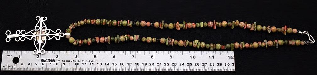 Delightful Long Necklace of Sterling Silver Cross w/ Green and Terracotta Agates