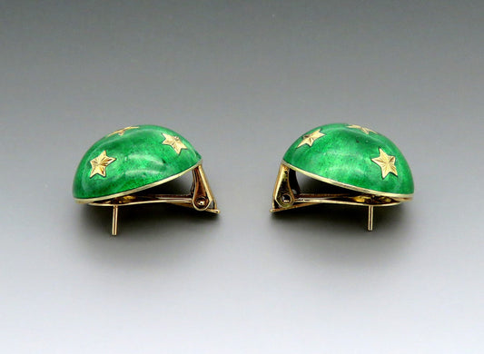 Gorgeous Pair VTG 18k Yellow Gold Green Enamel Star Dome Celestial Earrings