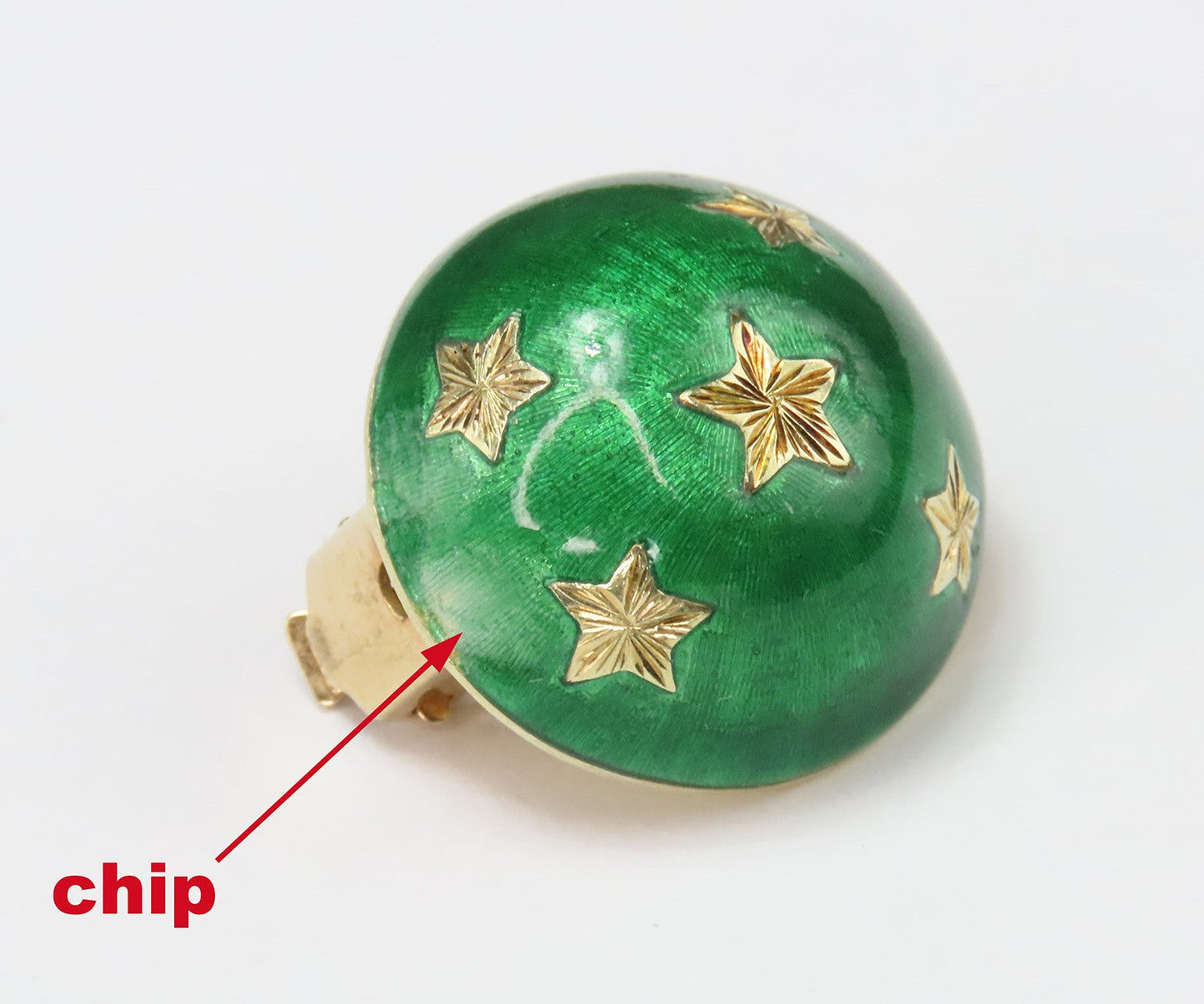 Gorgeous Pair VTG 18k Yellow Gold Green Enamel Star Dome Celestial Earrings