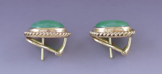 Fabulous Pair 14k Yellow Gold Green Jadeite Jade Stud Earrings Omega Back