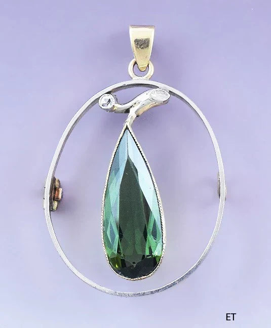 c1900 Lovely 18k Gold Diamond & Green Tourmaline Teardrop Pin / Pendant Brooch