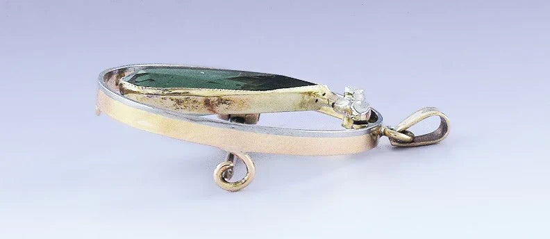 c1900 Lovely 18k Gold Diamond & Green Tourmaline Teardrop Pin / Pendant Brooch