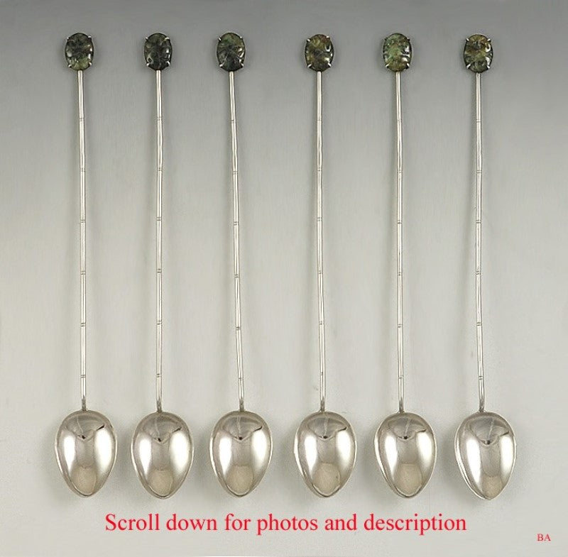 Set Of 6 Chinese Sterling Silver Jade Iced Tea Spoons With Bamboo Design Handle