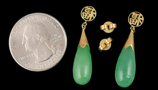 Glowing 14k Yellow Gold and Green Jadeite Drop Fu 福 Happiness Pierced Earrings