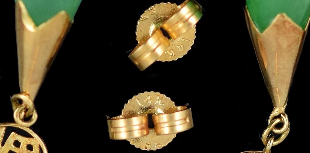 Glowing 14k Yellow Gold and Green Jadeite Drop Fu 福 Happiness Pierced Earrings