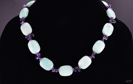 Lovely Light Green Polished Jade Amethyst Sterling Silver Bead Choker Necklace