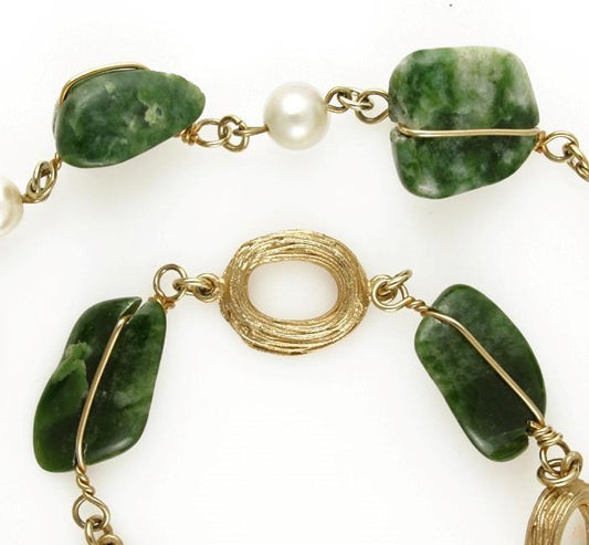 Gold-Toned Bracelet and Choker Necklace Genuine Green Jade and Pearl