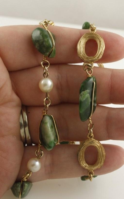 Gold-Toned Bracelet and Choker Necklace Genuine Green Jade and Pearl