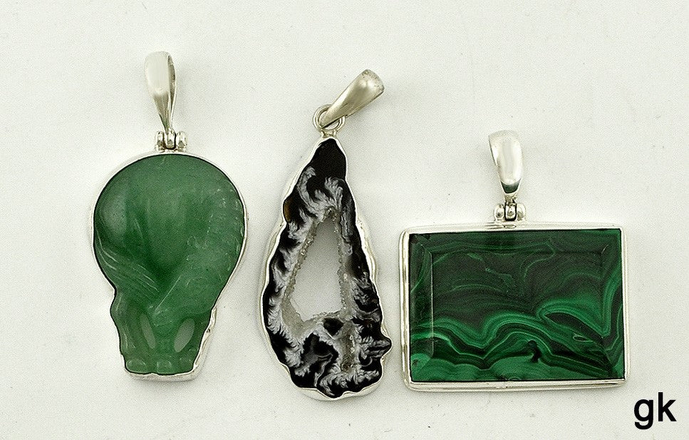 3 Wonderful Genuine Stone and Sterling Silver Pendants Genuine Malachite Geode
