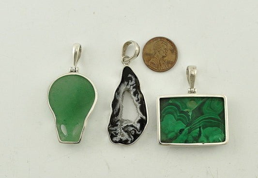 3 Wonderful Genuine Stone and Sterling Silver Pendants Genuine Malachite Geode