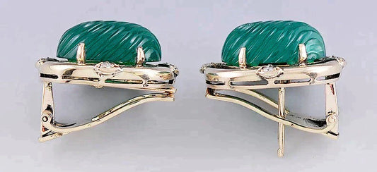 Gorgeous Pair 14k Gold Diamond & Green Chalcedony Earrings