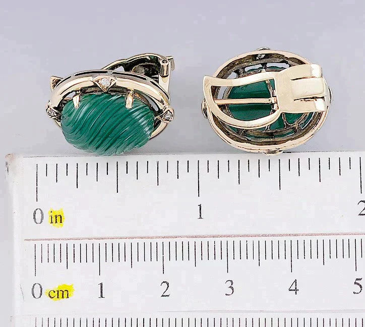 Gorgeous Pair 14k Gold Diamond & Green Chalcedony Earrings