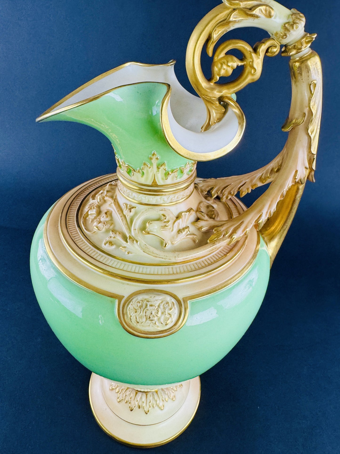 Superb 1894 Royal Worcester Green Gold 16" Ewer Pitcher Vase Tudor Rose Mark