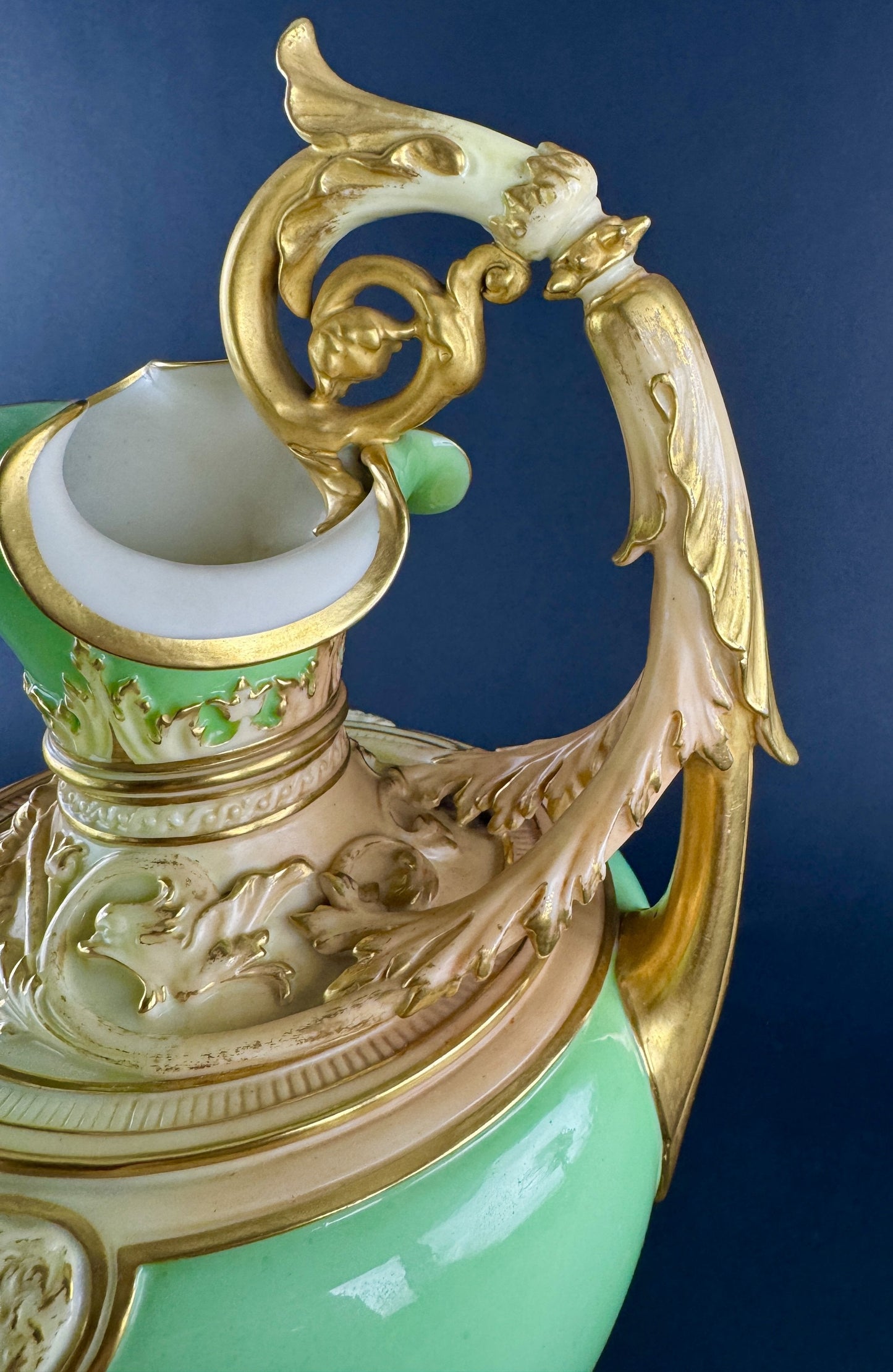 Superb 1894 Royal Worcester Green Gold 16" Ewer Pitcher Vase Tudor Rose Mark