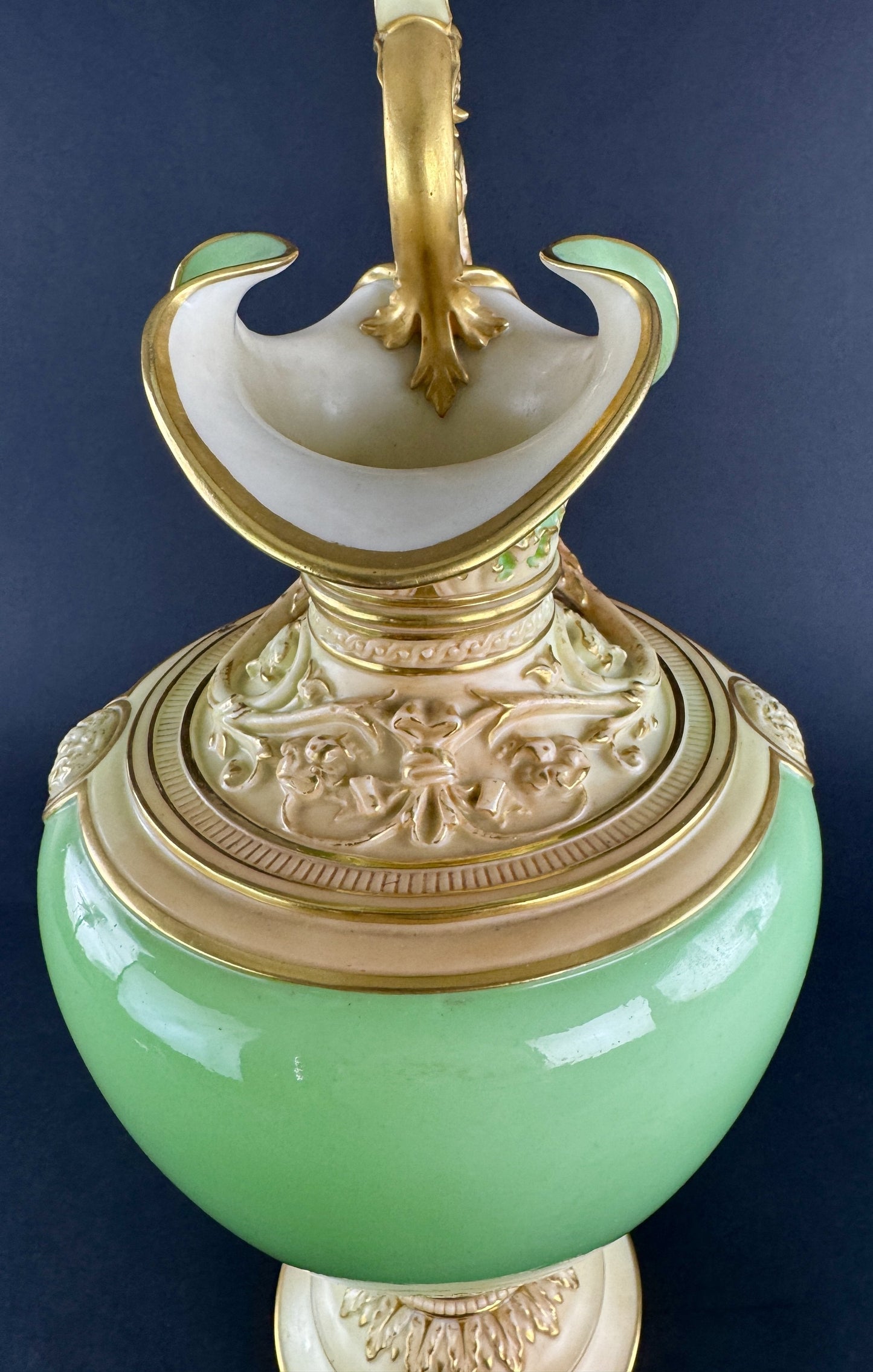 Superb 1894 Royal Worcester Green Gold 16" Ewer Pitcher Vase Tudor Rose Mark