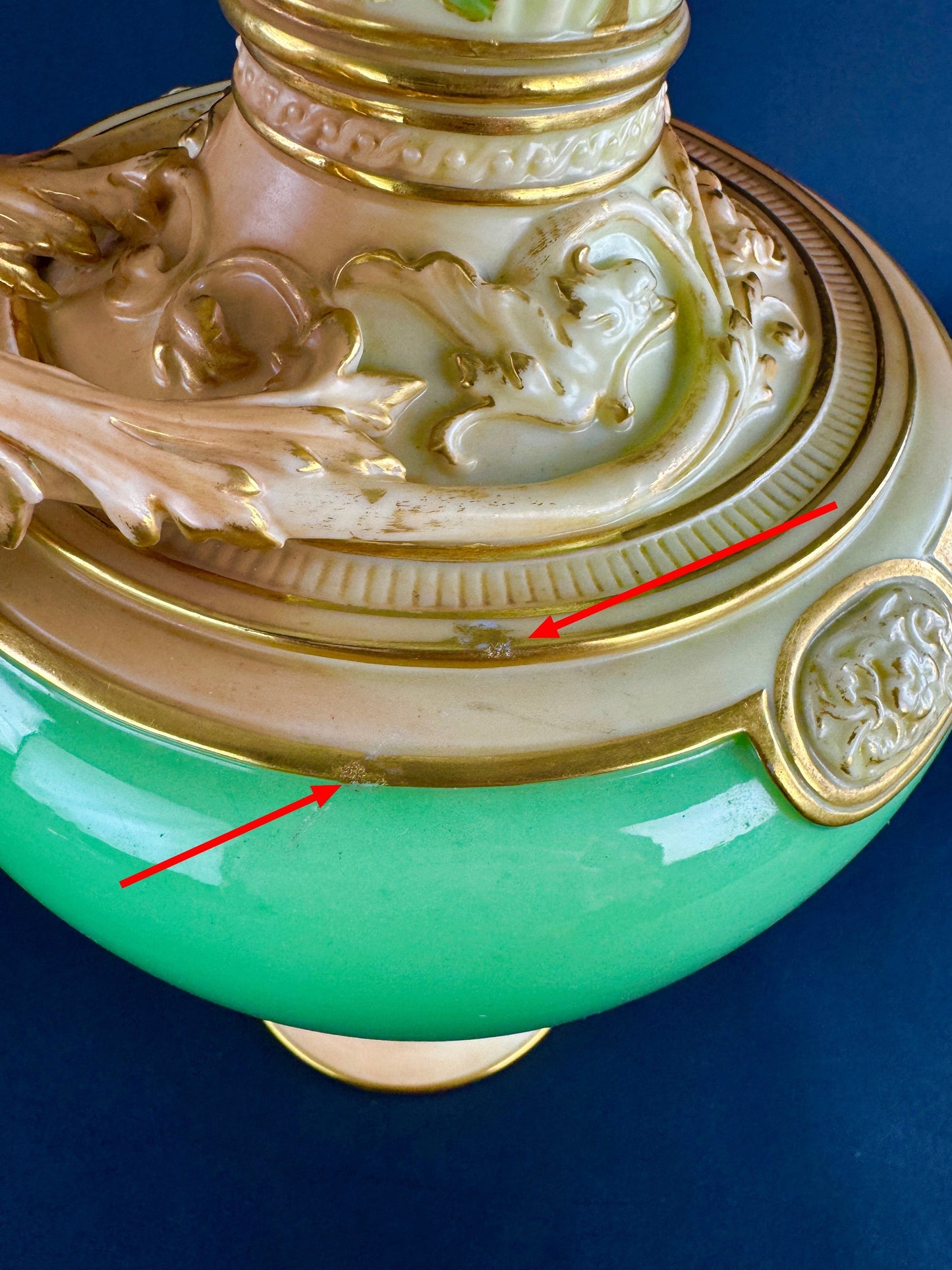 Superb 1894 Royal Worcester Green Gold 16" Ewer Pitcher Vase Tudor Rose Mark