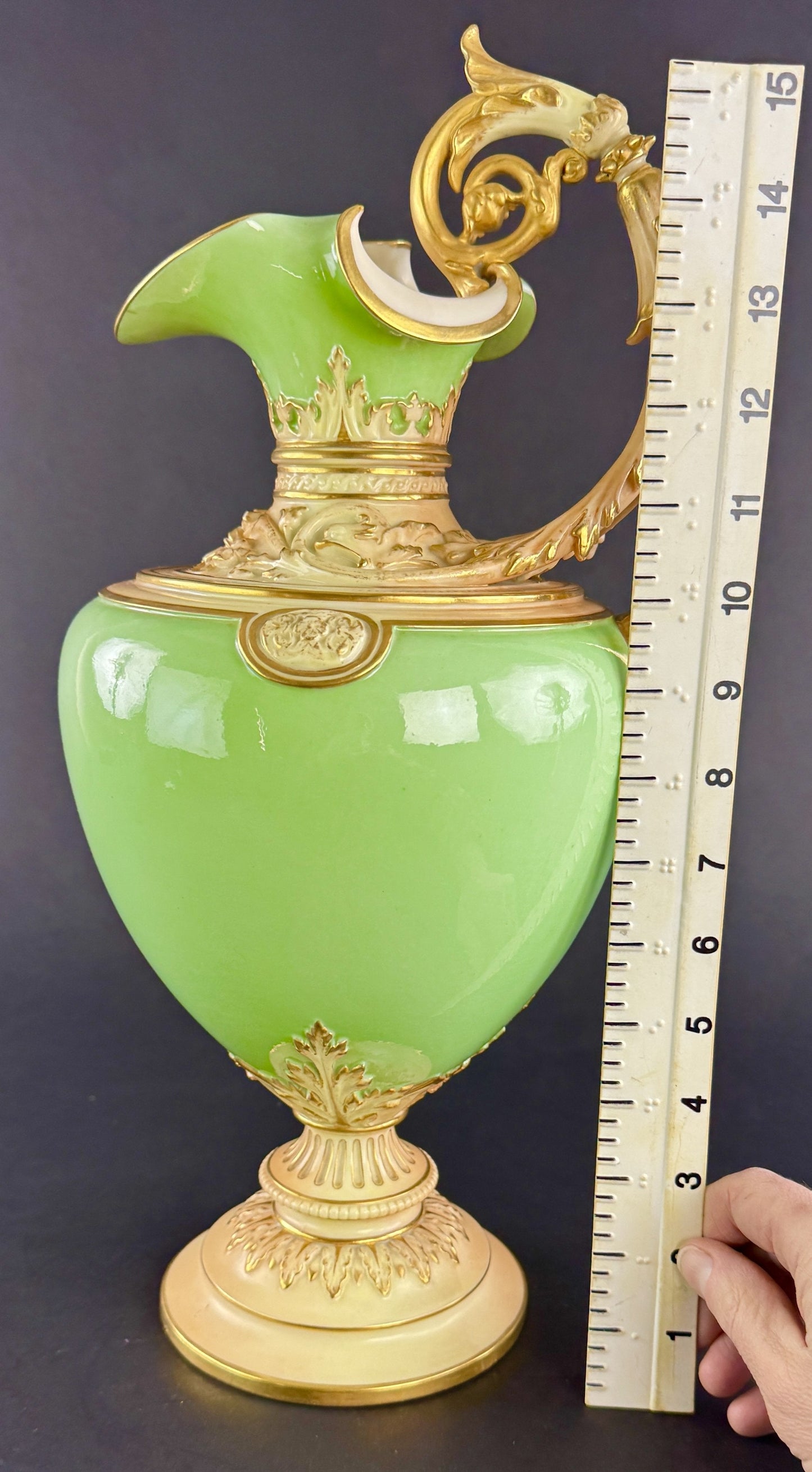 Superb 1894 Royal Worcester Green Gold 16" Ewer Pitcher Vase Tudor Rose Mark