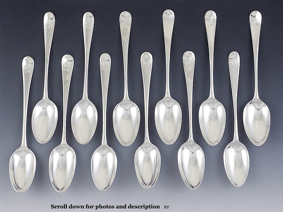 12 Fine English 1700s 18thc Queen Anne Rattail Soup or Teaspoons w Wolf Crest