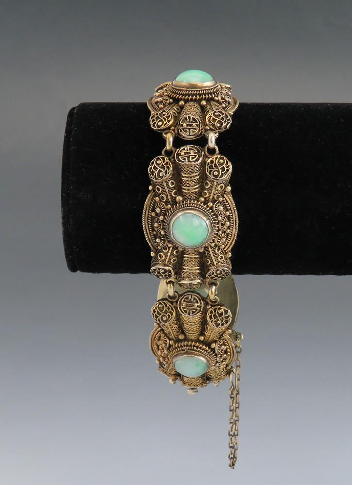 Stunning c1900 Chinese Green Jade Vermeil Gilt Silver Filigree Bracelet