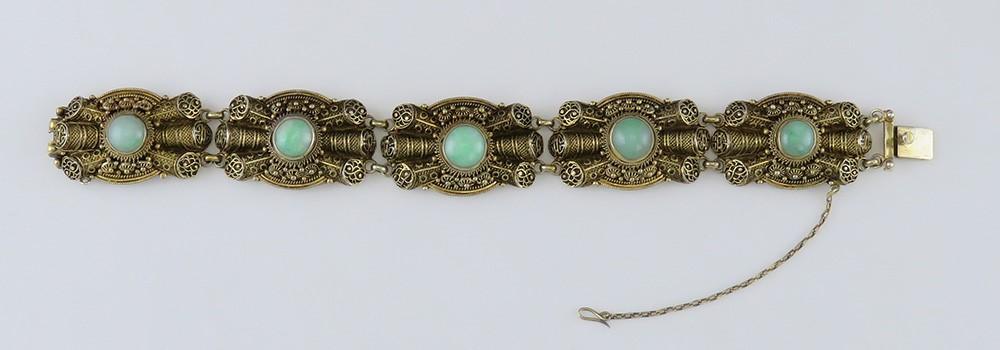 Stunning c1900 Chinese Green Jade Vermeil Gilt Silver Filigree Bracelet
