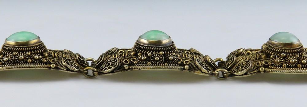 Stunning c1900 Chinese Green Jade Vermeil Gilt Silver Filigree Bracelet