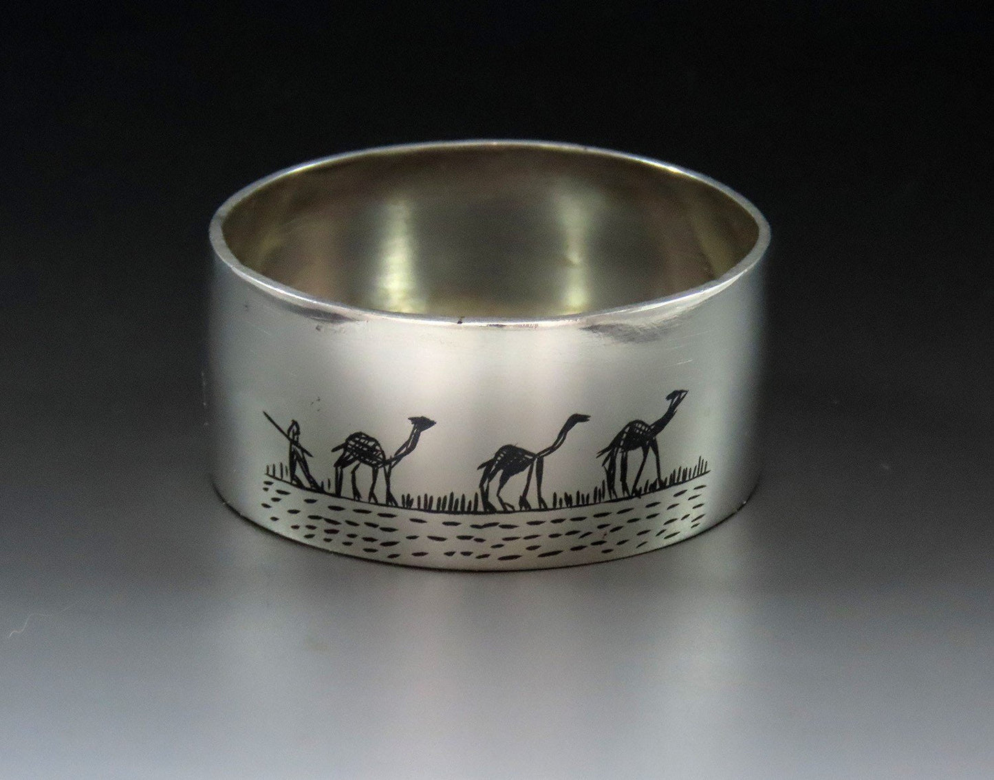 Middle Eastern Silver Napkin Ring Engraved "Guest" Enamel Painted Scenes