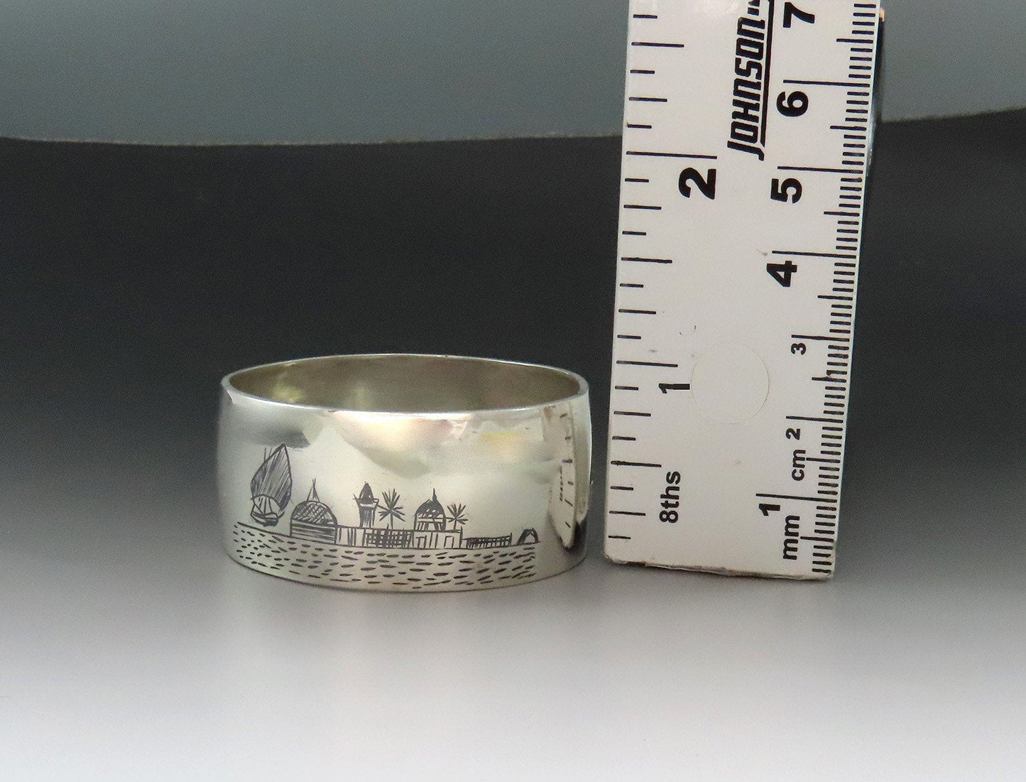 Middle Eastern Silver Napkin Ring Engraved "Guest" Enamel Painted Scenes