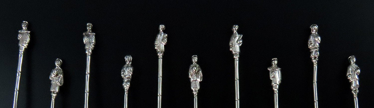 10 Antique Chinese Silver Figural Handles Demitasse Coffee Spoons 4 1/2"