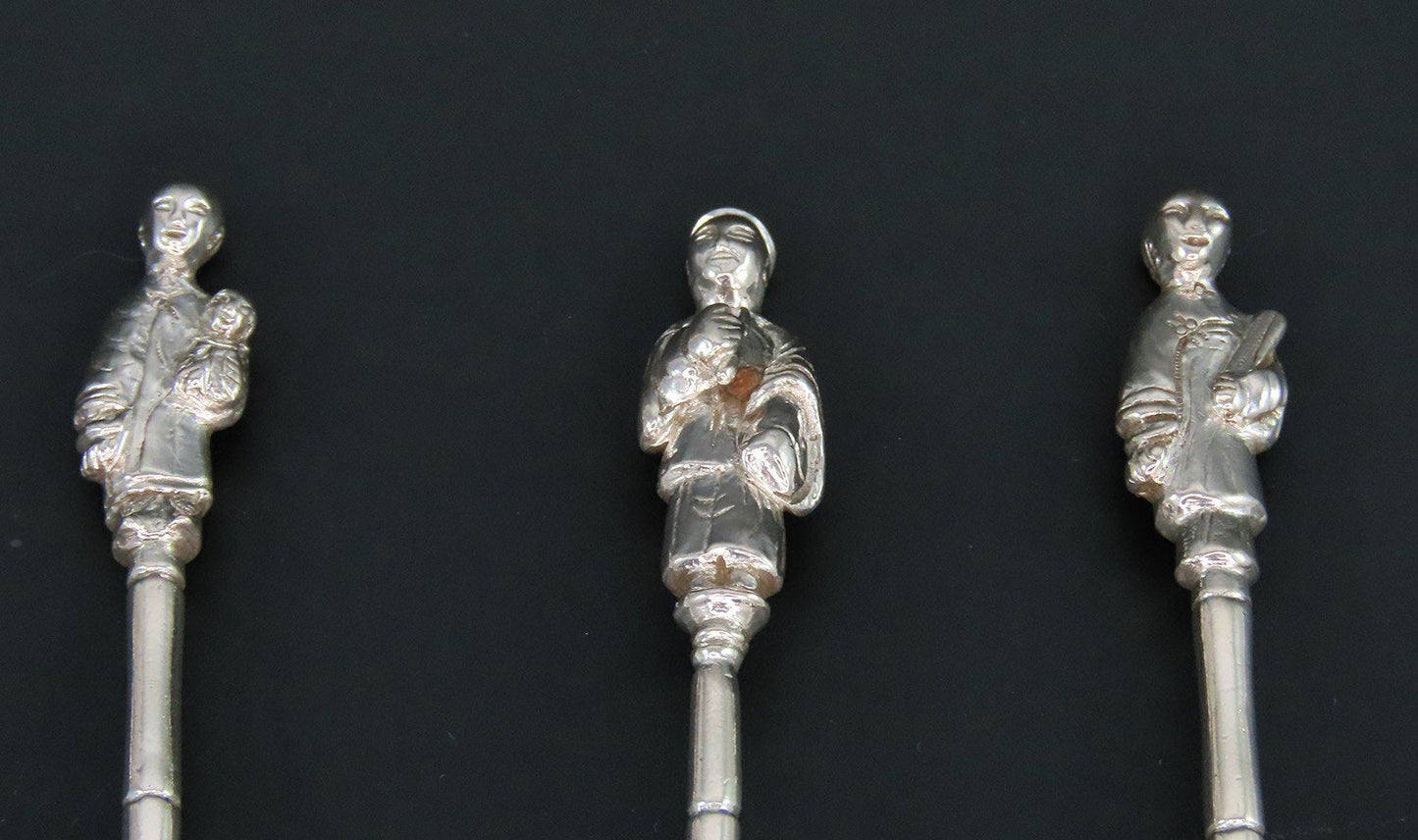 10 Antique Chinese Silver Figural Handles Demitasse Coffee Spoons 4 1/2"