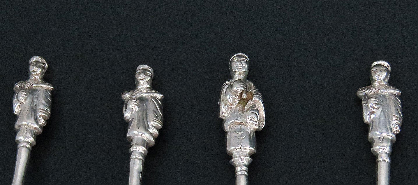 10 Antique Chinese Silver Figural Handles Demitasse Coffee Spoons 4 1/2"