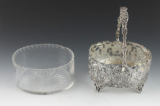 Antique 19th Century Art Nouveau German Openwork Silver Glass Liner Basket Dish