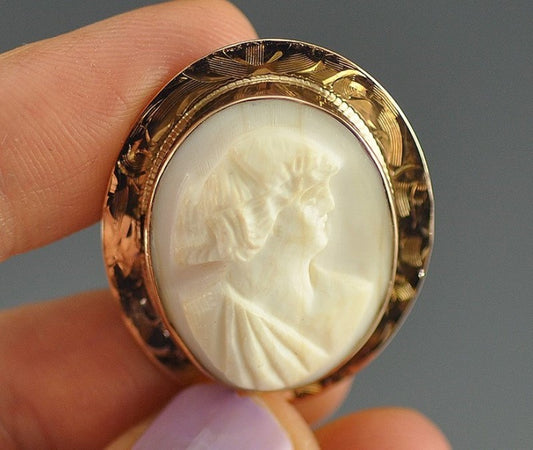 Handsome Antique 10k Yellow Gold Carved Shell Cameo Woman's Profile Early 1900s